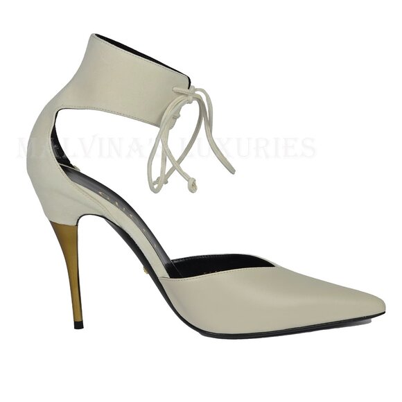 GUCCI SHOES PUMPS WITH ANKLE CUFF GOLD HIGH HEEL WHITE LEATHER sz 41.5 11.5 - Picture 7 of 15